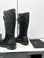 Chanel Shiny Calfskin Quilted Chain Lace Up Combat Long Boots