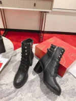 Christian Louboutin Black Leather Block Heel Silver Spike Combat Boots