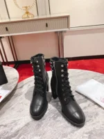Christian Louboutin Black Leather Block Heel Silver Spike Combat Boots