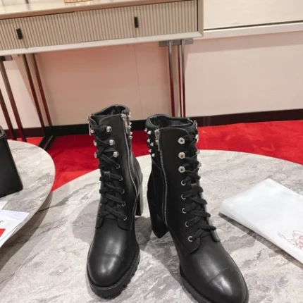 Christian Louboutin Black Leather Block Heel Silver Spike Combat Boots