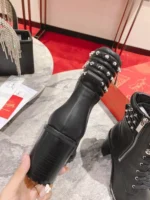 Christian Louboutin Black Leather Block Heel Silver Spike Combat Boots