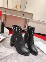 Christian Louboutin Black Leather Block Heel Silver Spike Combat Boots