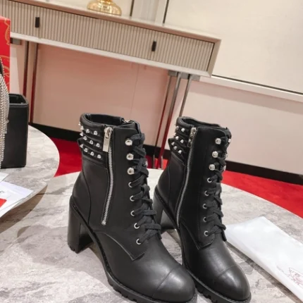Christian Louboutin Black Leather Block Heel Silver Spike Combat Boots