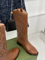 Gucci Double G Studded Leather Cowboy Boots Brown