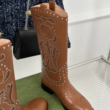 Gucci Double G Studded Leather Cowboy Boots Brown