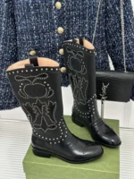Gucci Double G Studded Leather Cowboy Boots Black