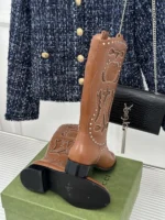 Gucci Double G Studded Leather Cowboy Boots Brown
