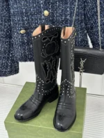 Gucci Double G Studded Leather Cowboy Boots Black