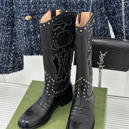 Gucci Double G Studded Leather Cowboy Boots Black