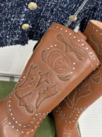 Gucci Double G Studded Leather Cowboy Boots Brown