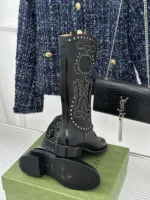 Gucci Double G Studded Leather Cowboy Boots Black