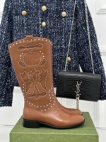 Gucci Double G Studded Leather Cowboy Boots Brown