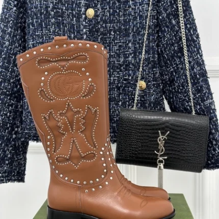 Gucci Double G Studded Leather Cowboy Boots Brown