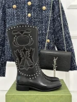 Gucci Double G Studded Leather Cowboy Boots Black