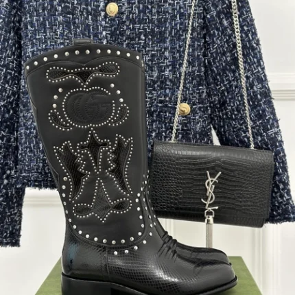 Gucci Double G Studded Leather Cowboy Boots Black