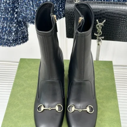 Gucci Women's Horsebit Ankle Bootie Black Stretch Leather