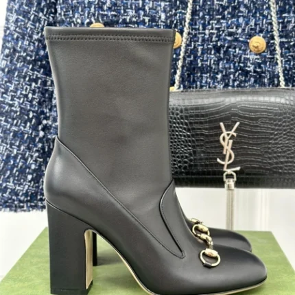 Gucci Women's Horsebit Ankle Bootie Black Stretch Leather