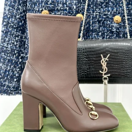 Gucci Women's Horsebit Ankle Bootie Dark Brown Stretch Leather