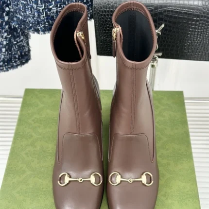 Gucci Women's Horsebit Ankle Bootie Dark Brown Stretch Leather